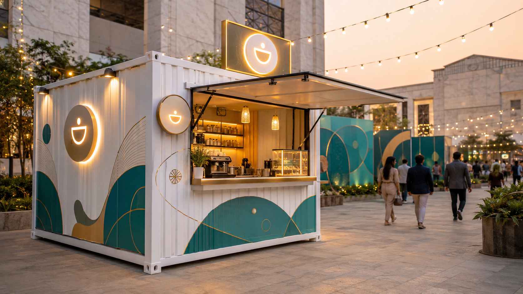 Pop-up restaurant container deployed at an urban brand-activation plaza in India with custom vinyl wrap and corner service window