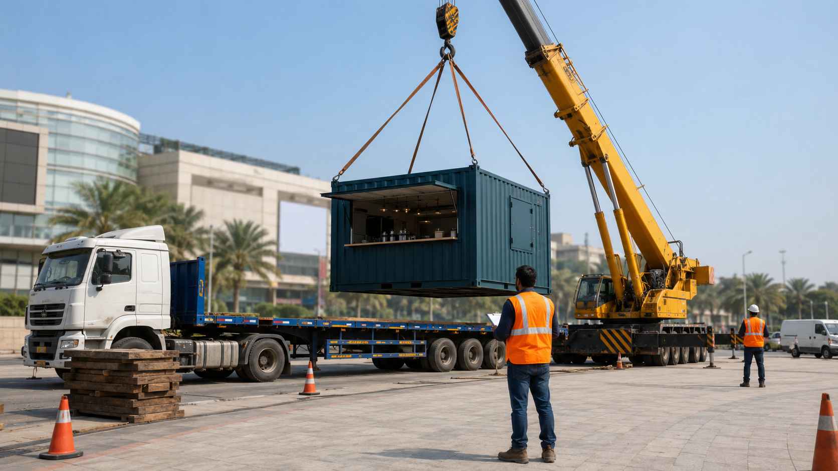 Hydra crane lifting a pop-up restaurant container off a flatbed onto a Bangalore mall forecourt event pitch during setup