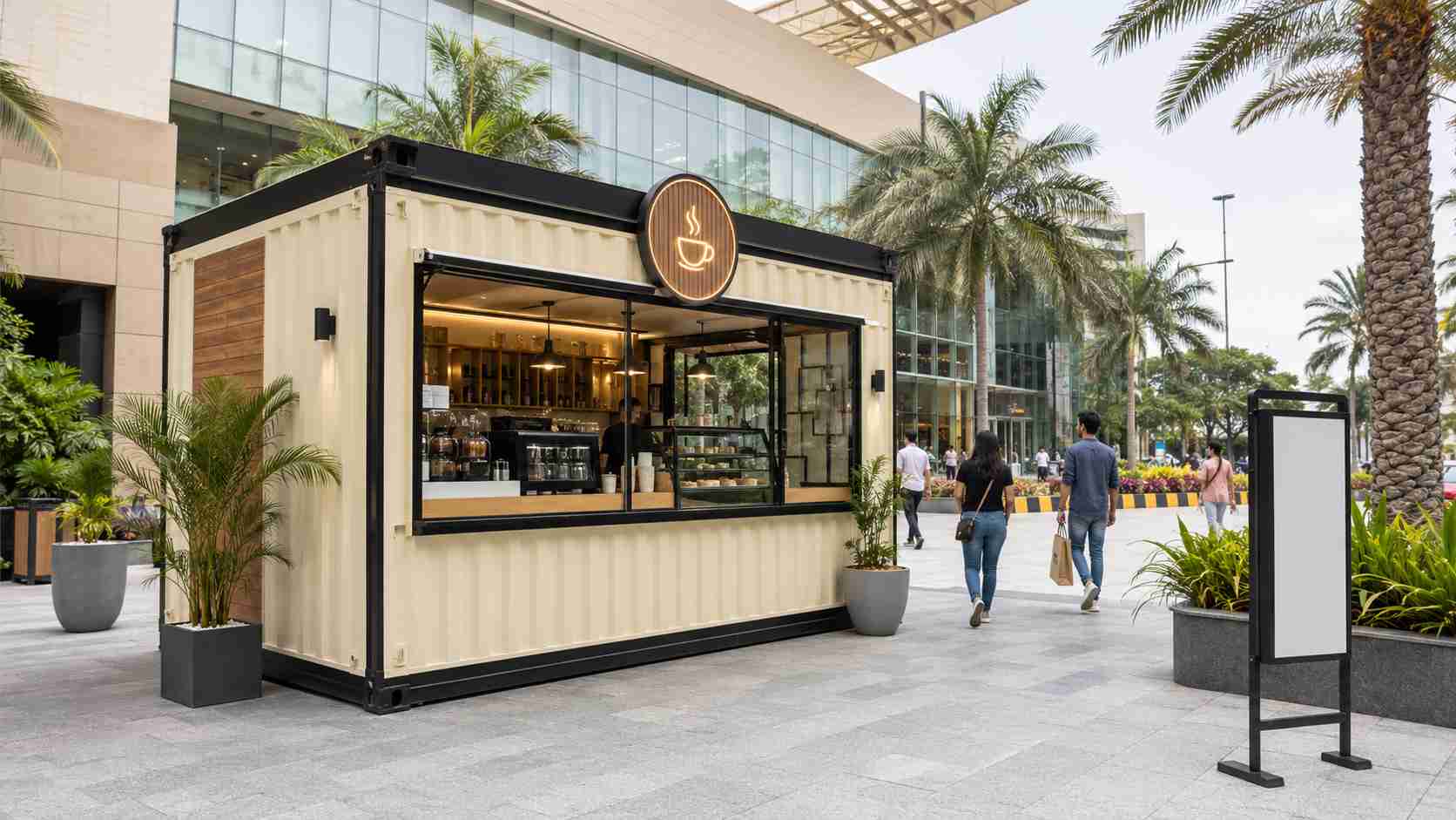 Pop-up restaurant container on a Mumbai mall forecourt weekend activation with cream finish and full-width glass service front