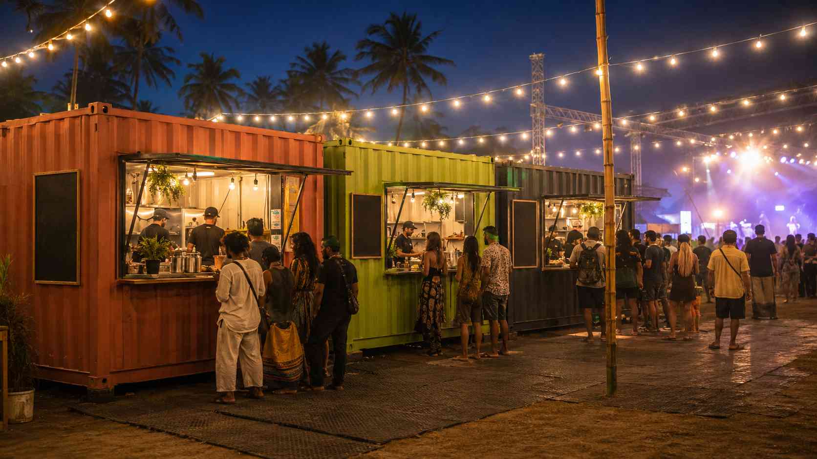 Three pop-up restaurant containers arranged in a Goa music festival F&B compound at evening trade with crowd queueing for service
