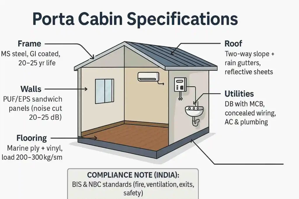 Cutaway diagram of portable structure specifications frame, walls, roof, flooring