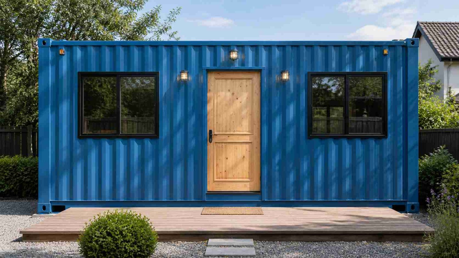 Portable cabin building installed with wooden entrance deck and wall lights — delivered ready to use by SAMAN Portable