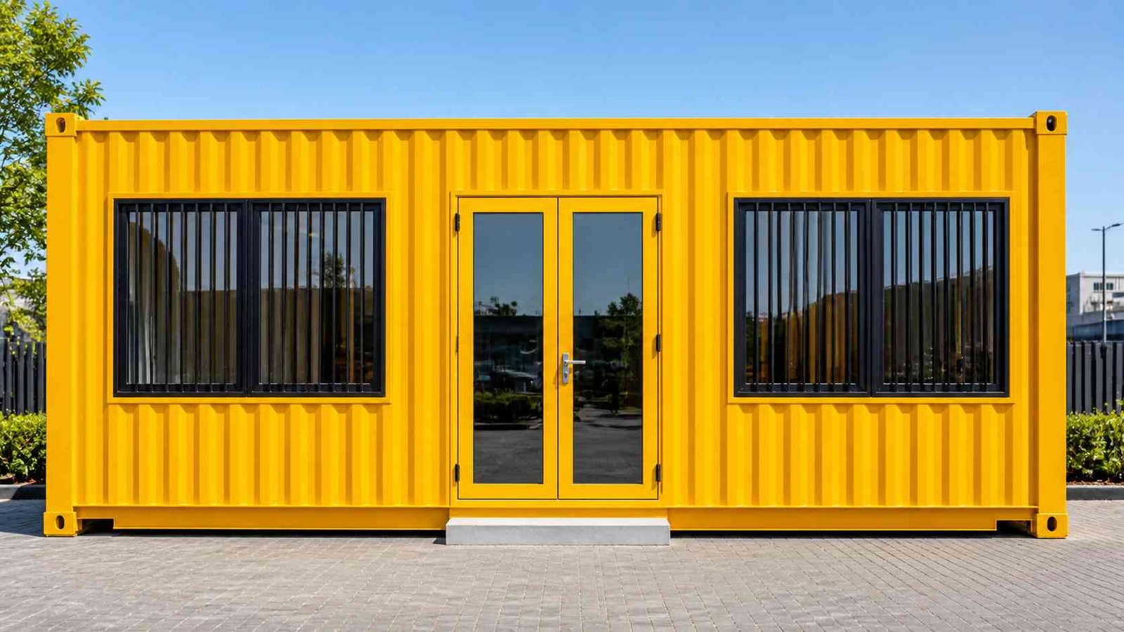 Portable cabin building with double glass doors and large windows — commercial multi-room layout by SAMAN