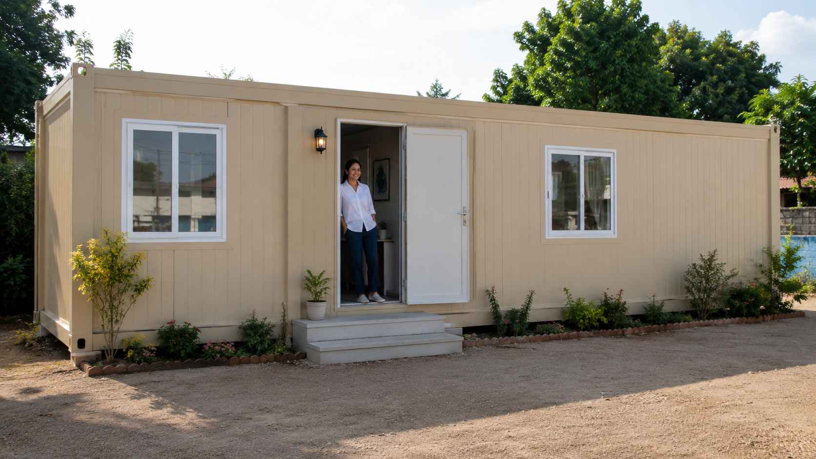 Sandstone beige portable cabin house with a person at the door showing its size