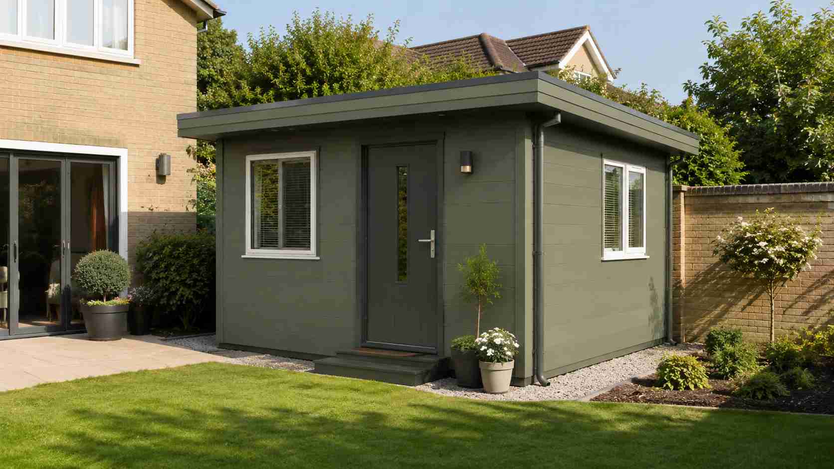 Sage green portable cabin house on a residential plot beside a family home