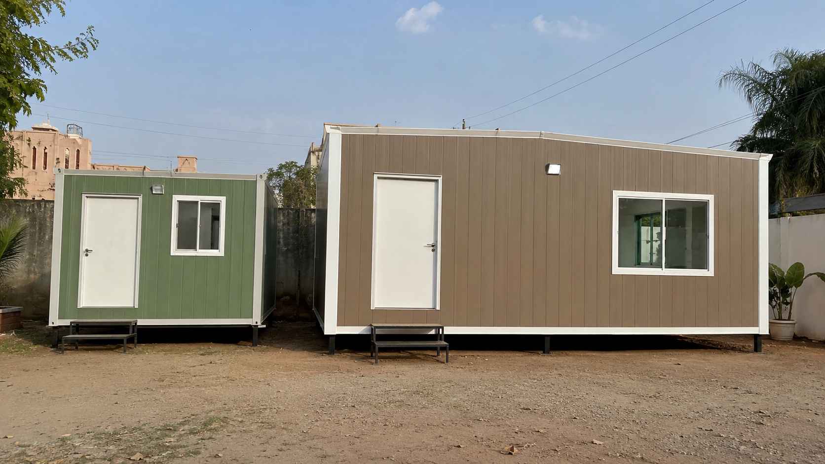 Smaller sage green cabin house beside a larger taupe house-cabin for size comparison