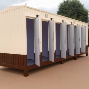 Portable cabin with toilet multiple stalls and cream finish