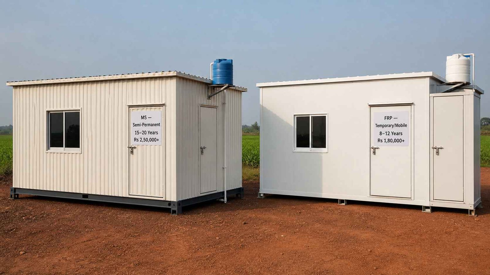 portable cabin with toilet MS vs FRP India comparison SAMAN rural deployment corrugated steel