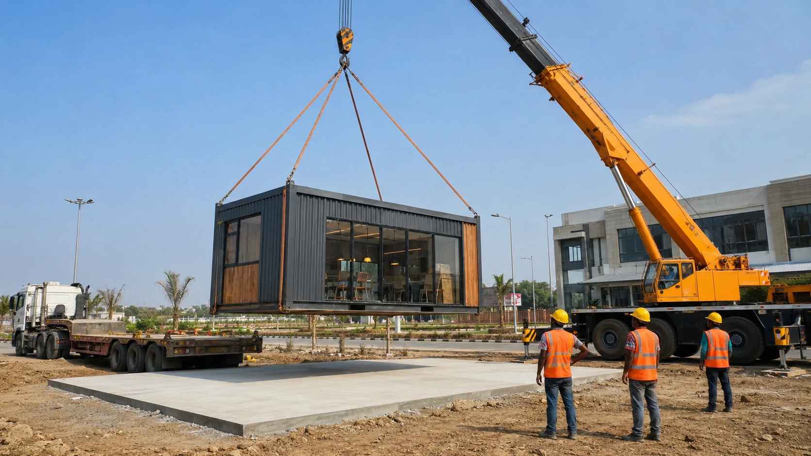 A 25-tonne hydra crane lifting a 30×20 portable cafe container off a low-bed trailer onto a prepared PCC pad at an Indian commercial site