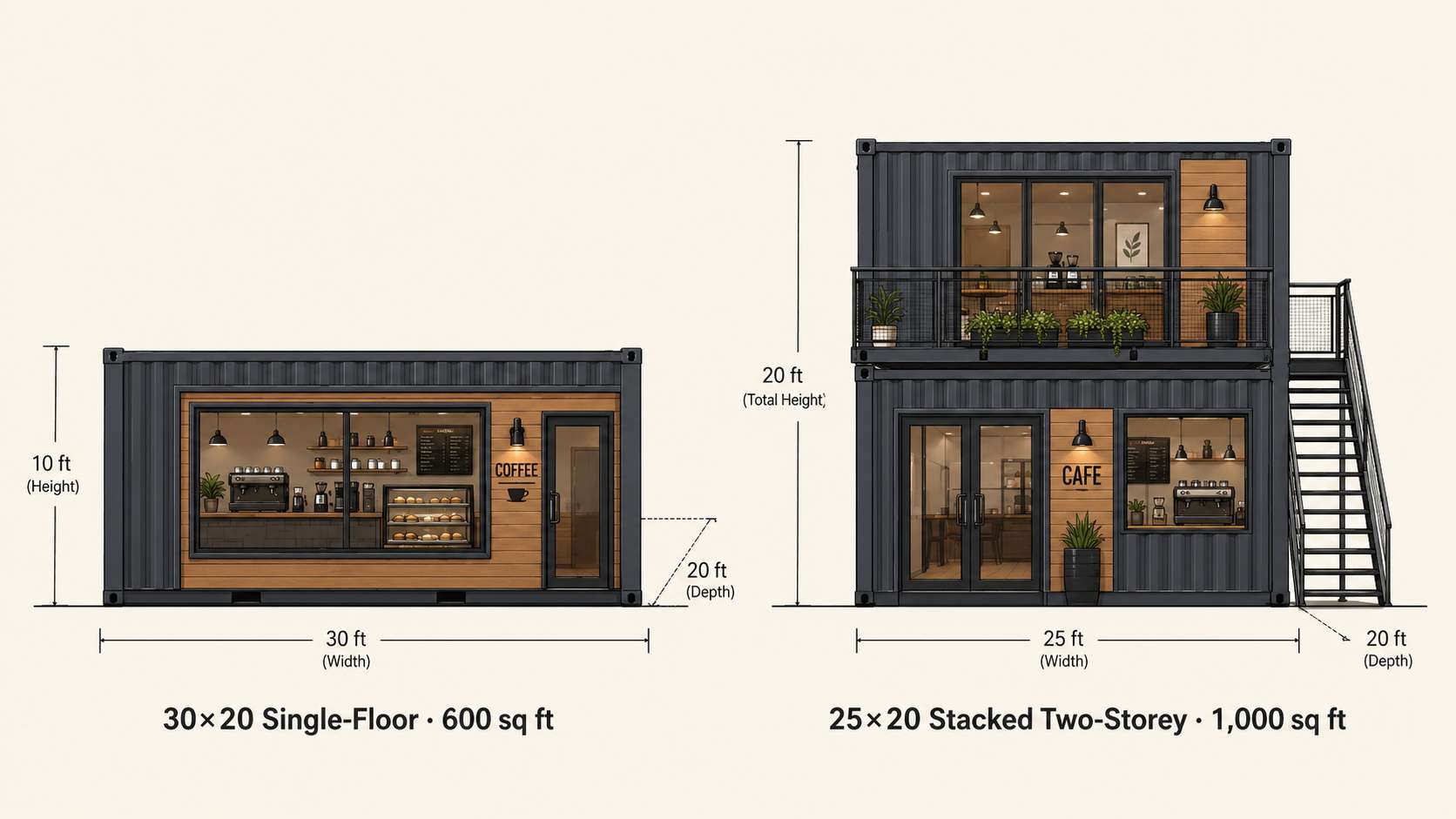 Side-by-side comparison of a 30×20 single-floor portable cafe container and a 25×20 two-storey stacked configuration at similar floor area
