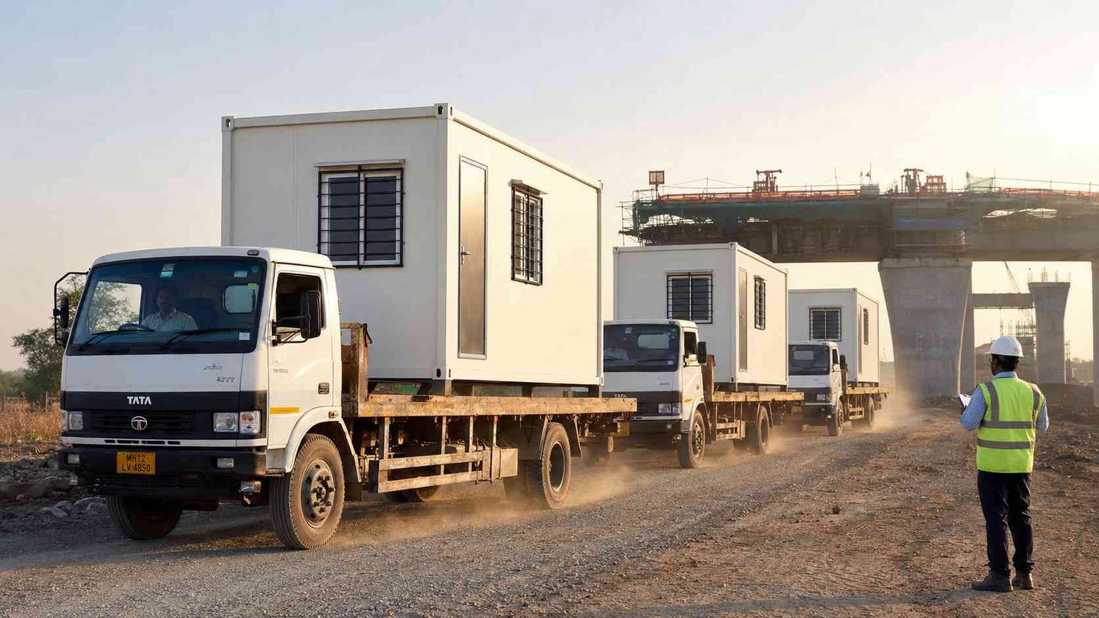 Three flatbed trucks deliver Pure White portable container offices to a multi-span bridge construction site in Maharashtra.