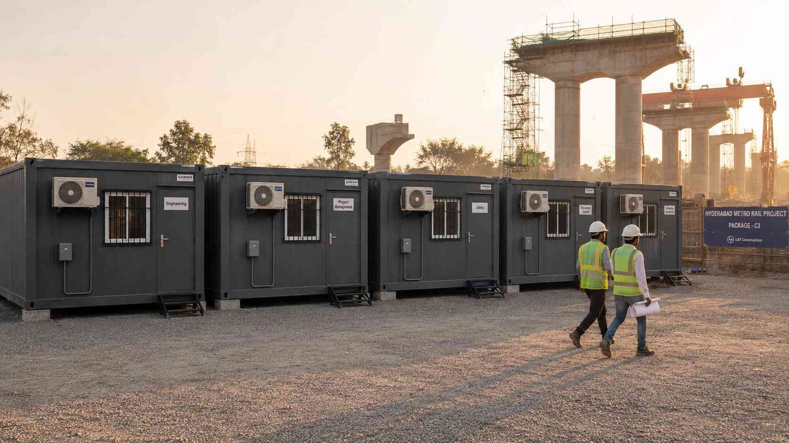 Five Slate Charcoal portable container offices function-zoned along a Hyderabad metro corridor base camp.