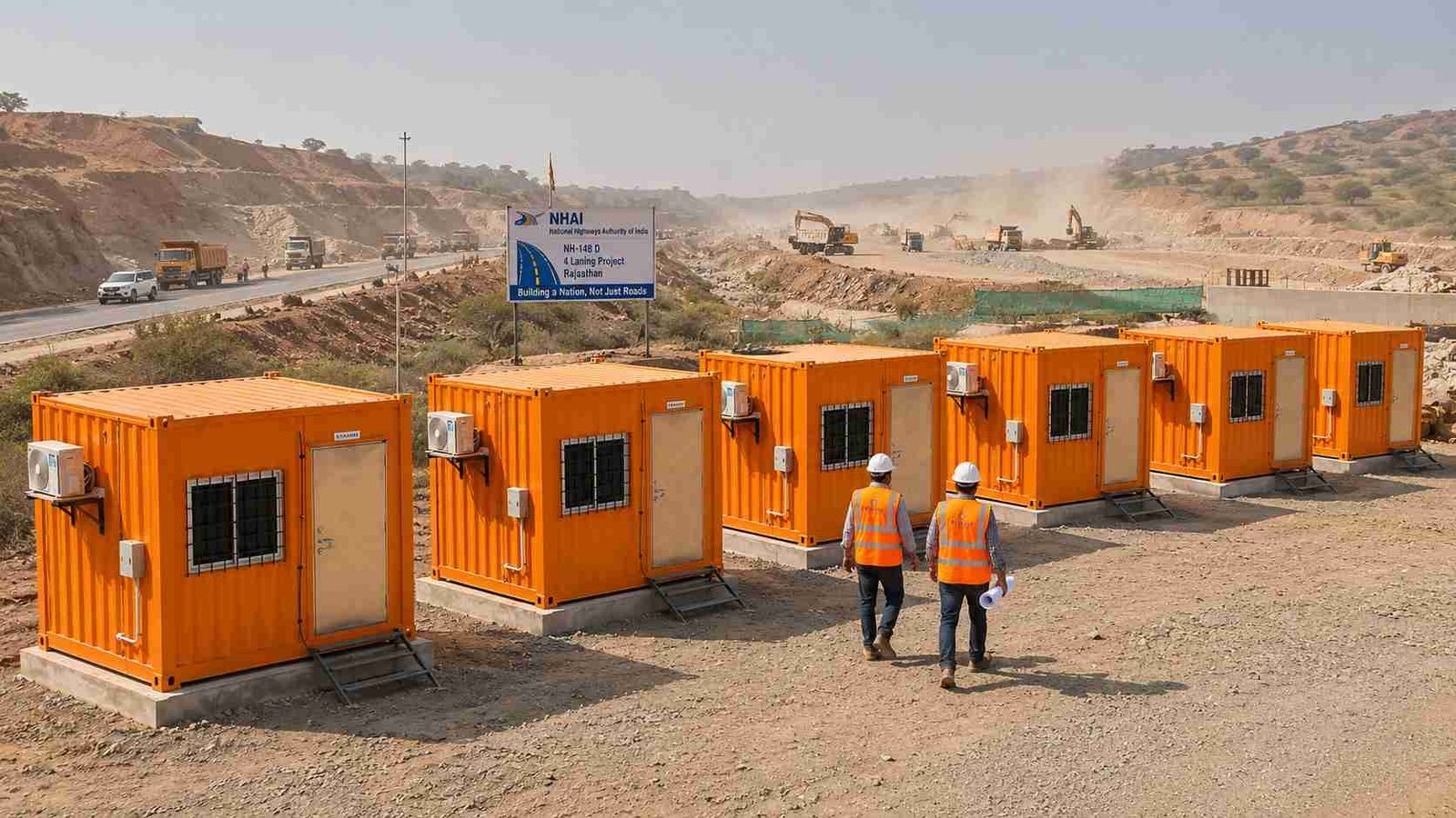 Five Safety Orange portable container offices at an NHAI highway base camp on a Rajasthan project corridor.