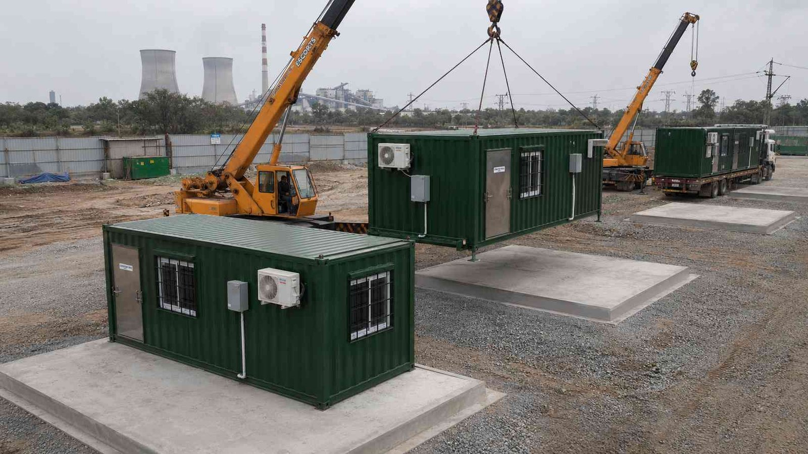 Hydraulic crane lowers a Forest Green portable container office onto its new RCC pad at a thermal power plant relocation.