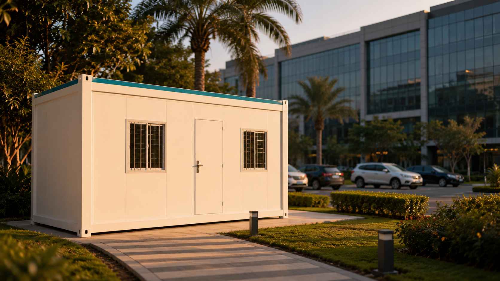 Portable office cabin placed at a Bangalore tech-park lot — 20×10 ft fitted unit ready for SME occupation