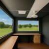 Portable office cabin with black ceiling and large windows