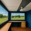 Portable office cabin with blue walls and large glass windows