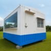 Blue and white portable office container rear view with door