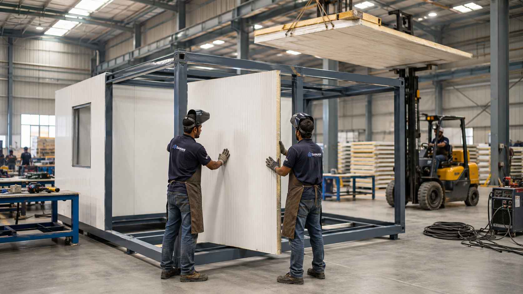 SAMAN Bangalore factory floor — portable office cabin in fabrication, MS frame and PUF panels going up