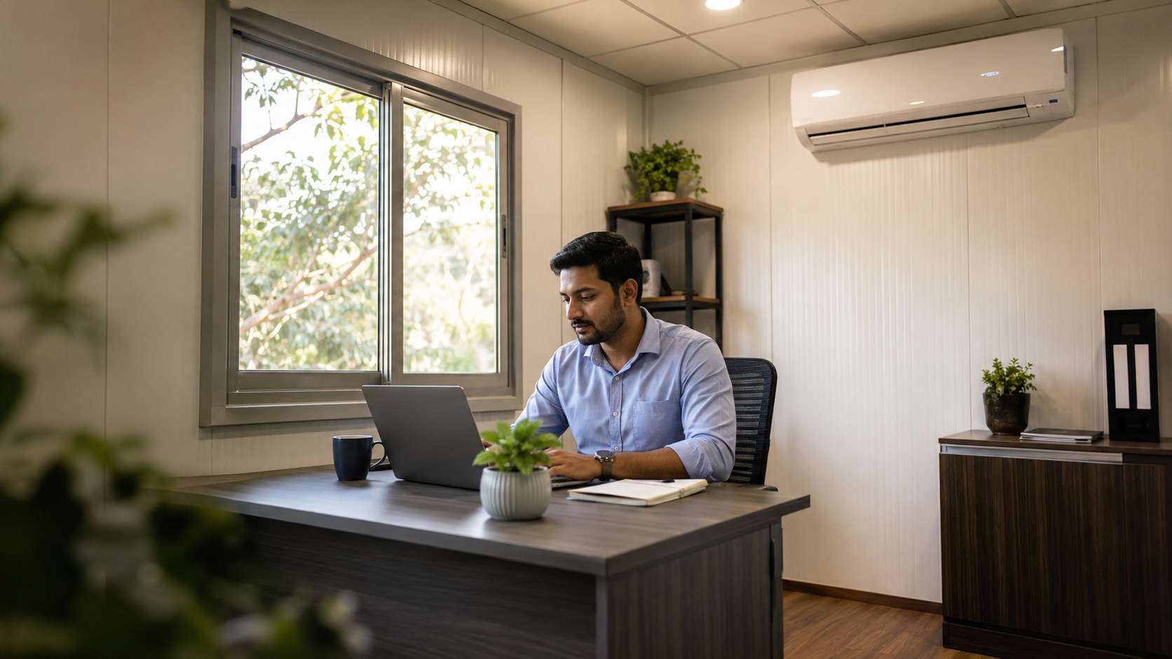 SME founder working inside a new SAMAN portable office cabin — first operational day in Bangalore
