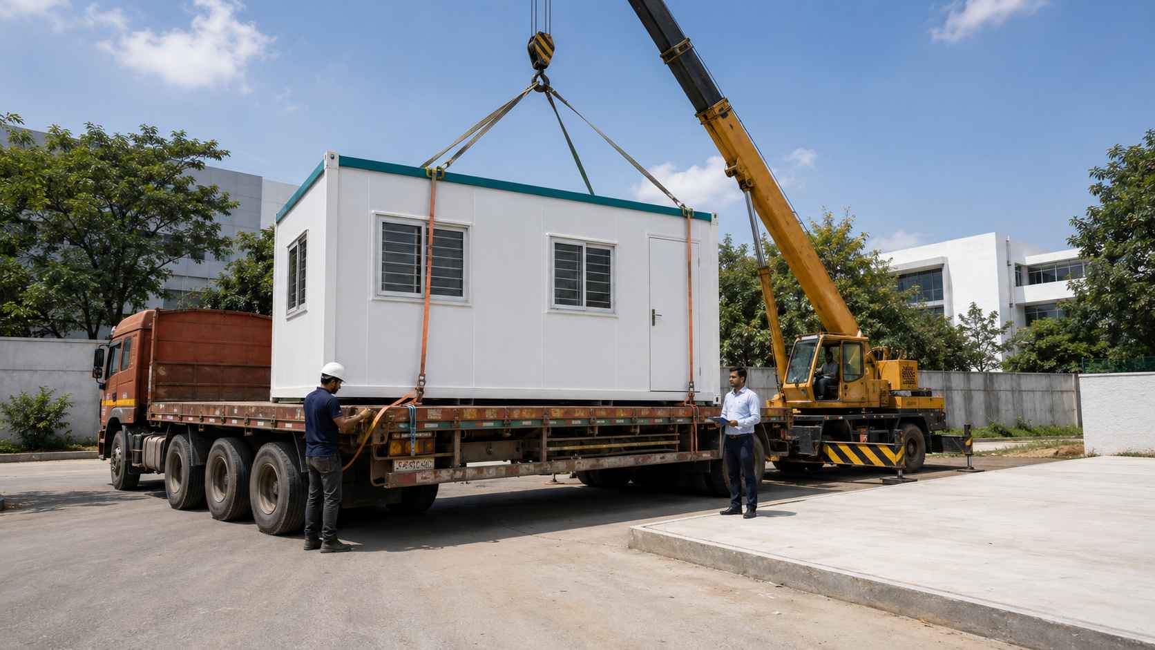 SAMAN portable office cabin arriving on flatbed — crane preparing same-day placement at Bangalore commercial site