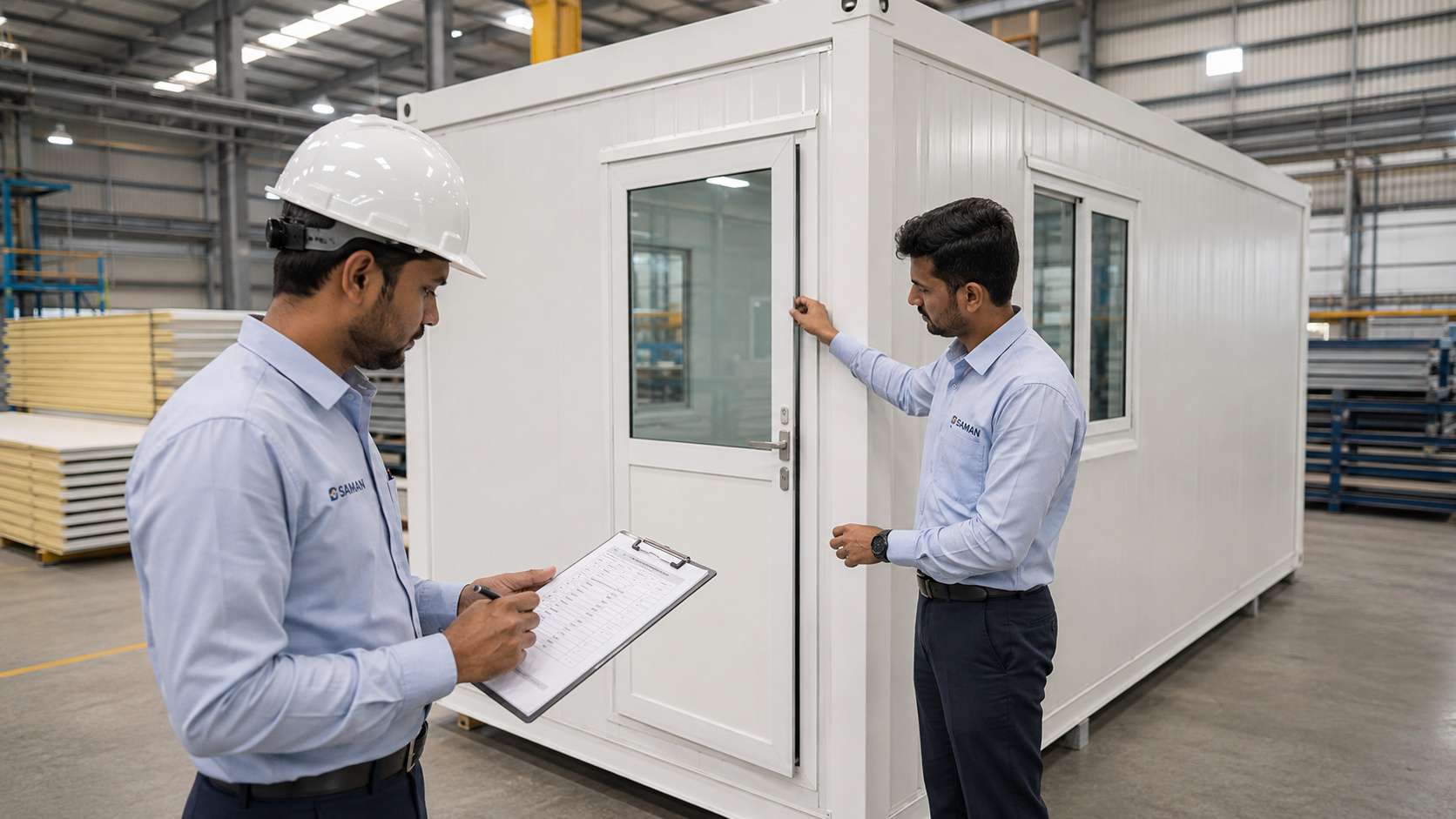 Pre-dispatch QC inspection at SAMAN factory — 52-point checklist before the portable office cabin leaves