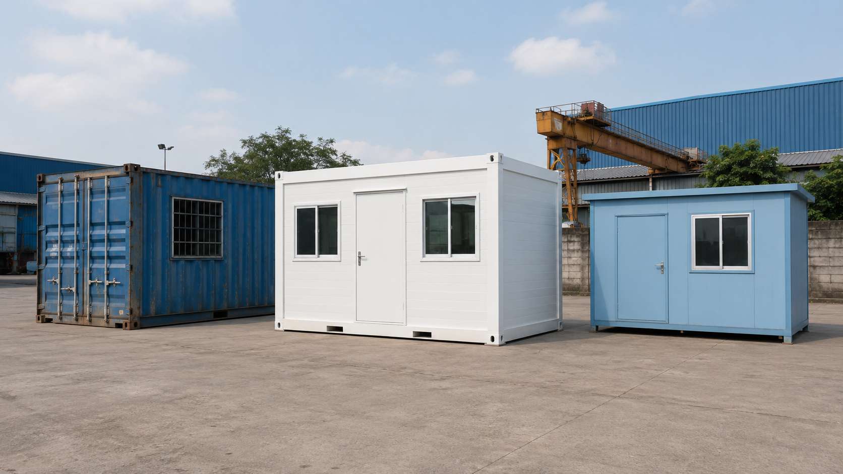 Side-by-side comparison of a portable office container, a true container office, and an MS portable office cabin.