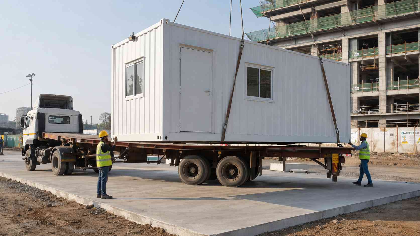 Container-form portable office cabin being delivered by truck to an Indian project site.