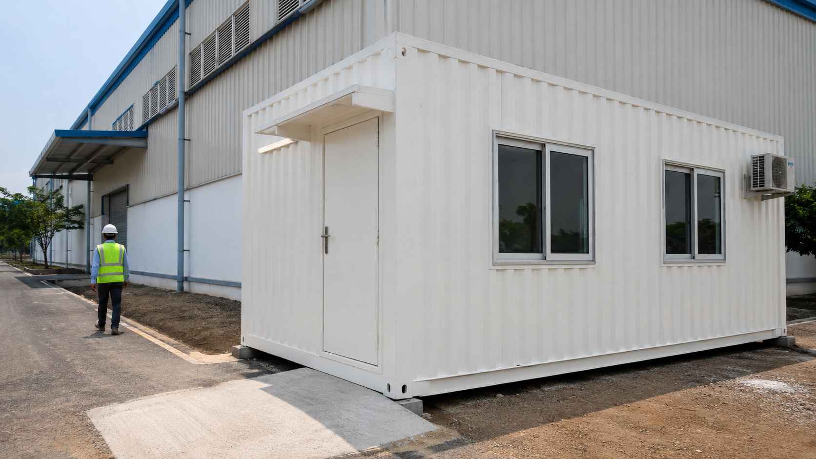 Container-form portable office cabin used as a factory admin annex at an Indian manufacturing facility.
