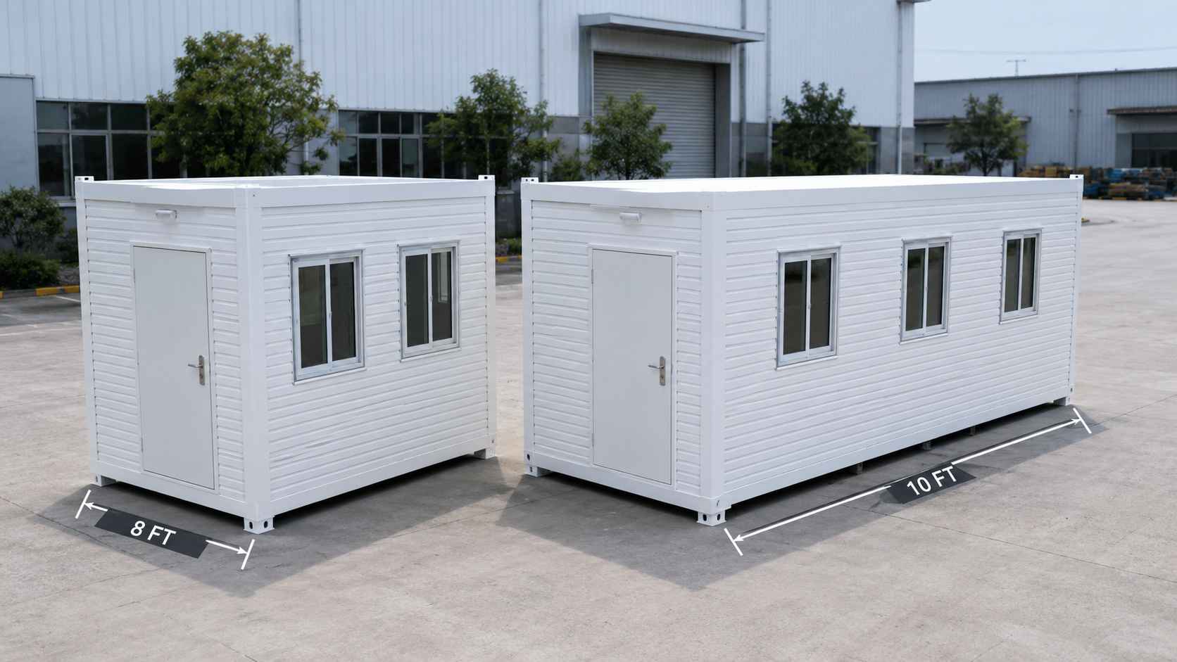 Two portable office cabins in container form โ 20ร8 ft and 20ร10 ft units shown side by side for size comparison.