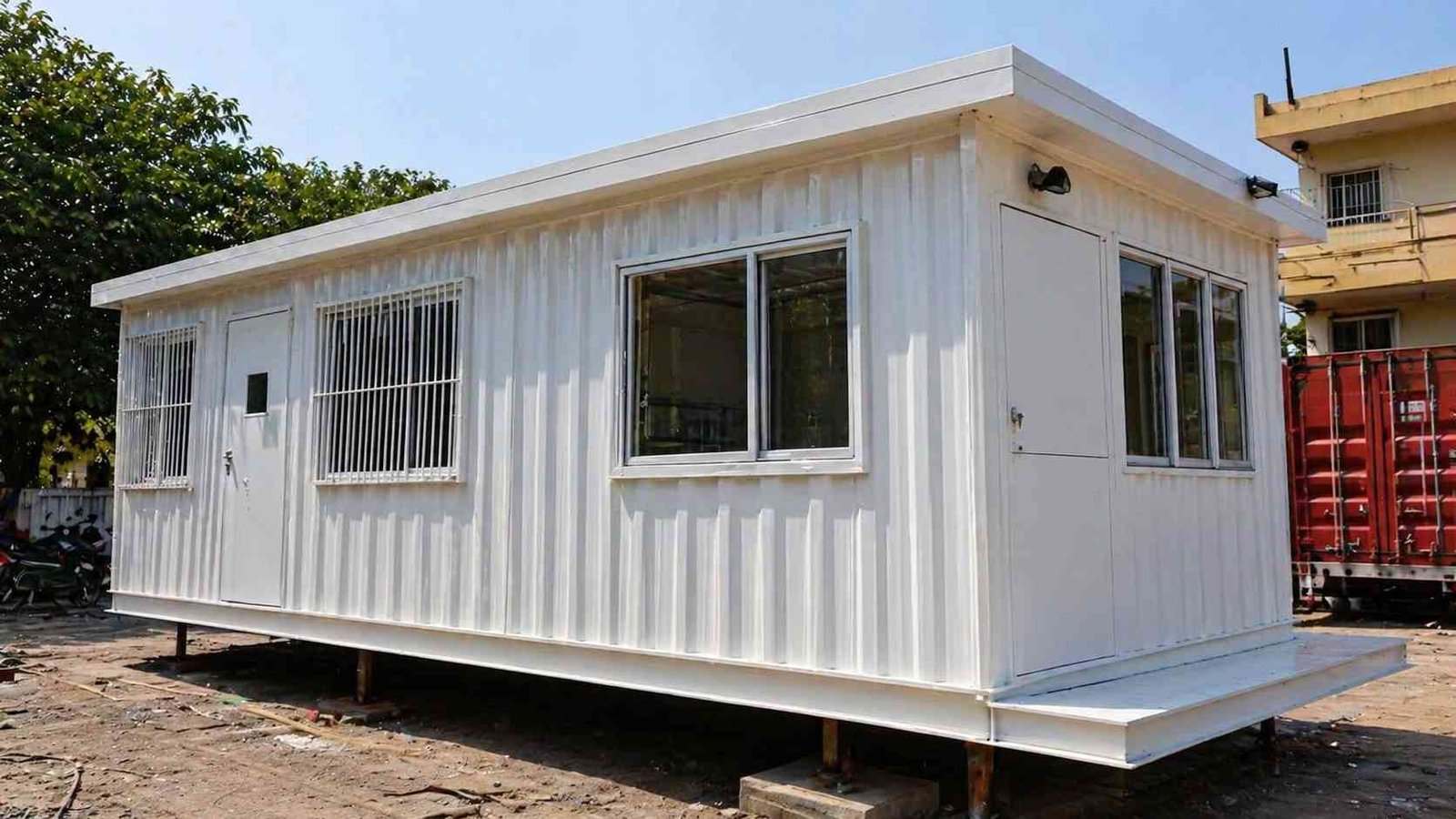 prefabricated porta cabin factory-built white corrugated delivered construction site