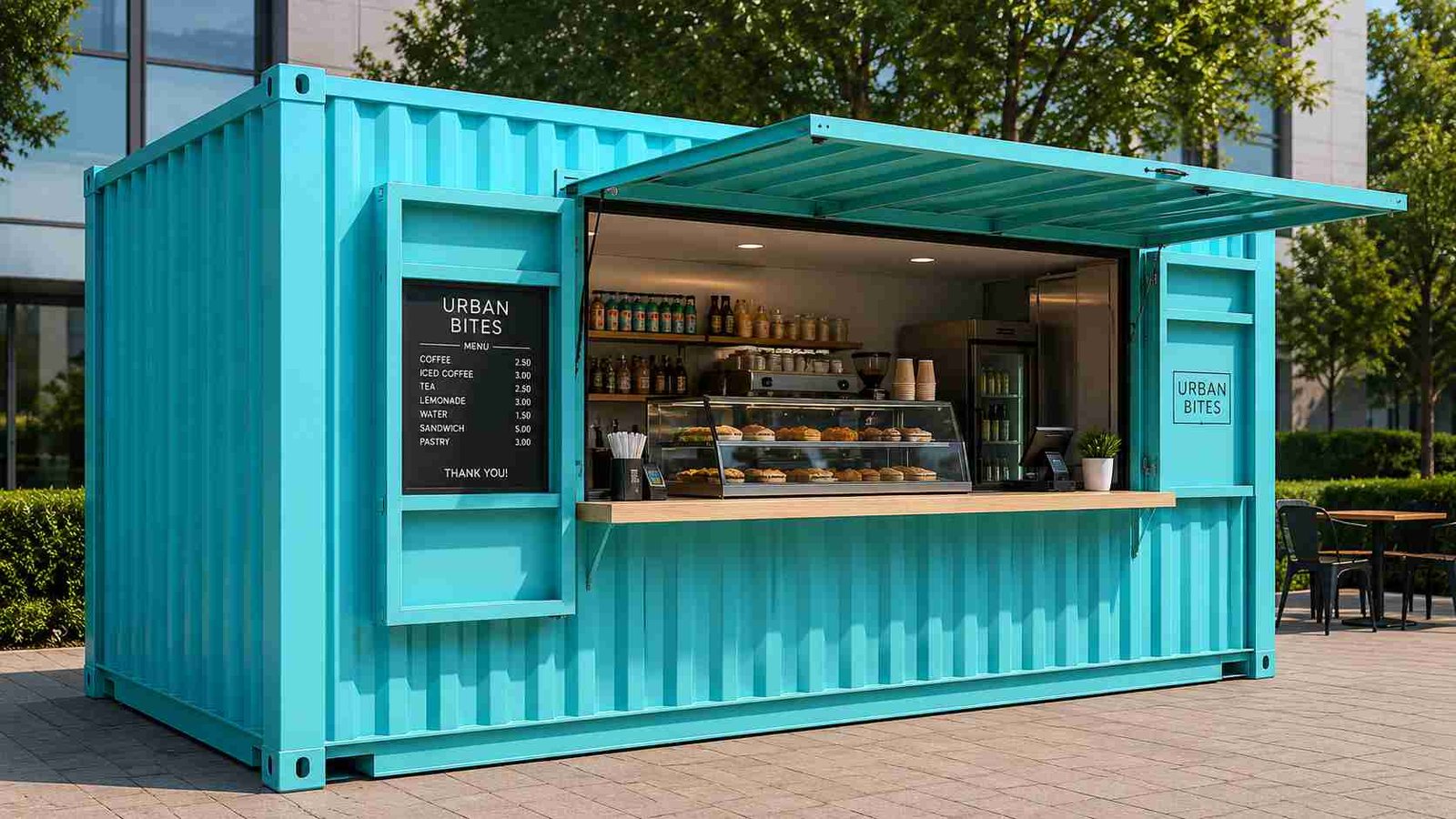 Portable shop cabin as permanent commercial kiosk — teal finish, open display counter with food items, menu board and branded signage panel