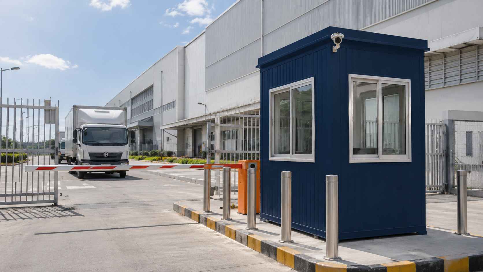 Navy blue portable security cabin in operation at an industrial park gate with boom-barrier deployed.