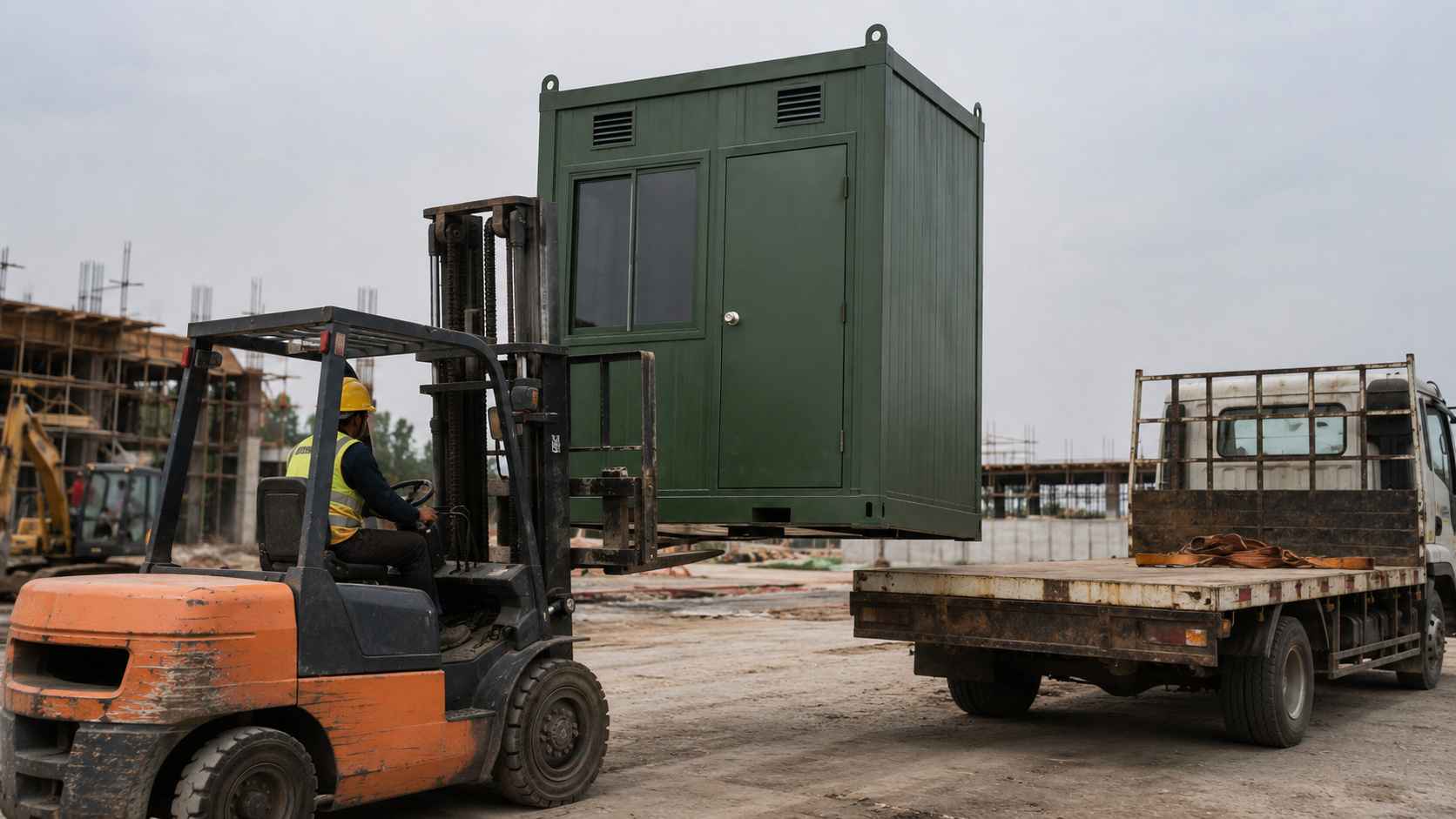 Forest green portable security cabin lifted by a forklift mid-relocation at an Indian construction site.