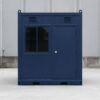 Navy blue portable security cabin front view with steel door, cylinder lock, and observation window.