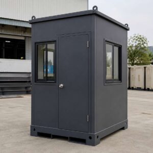 Slate charcoal portable security cabin with skid base, lifting eyes, and four sliding windows on display.