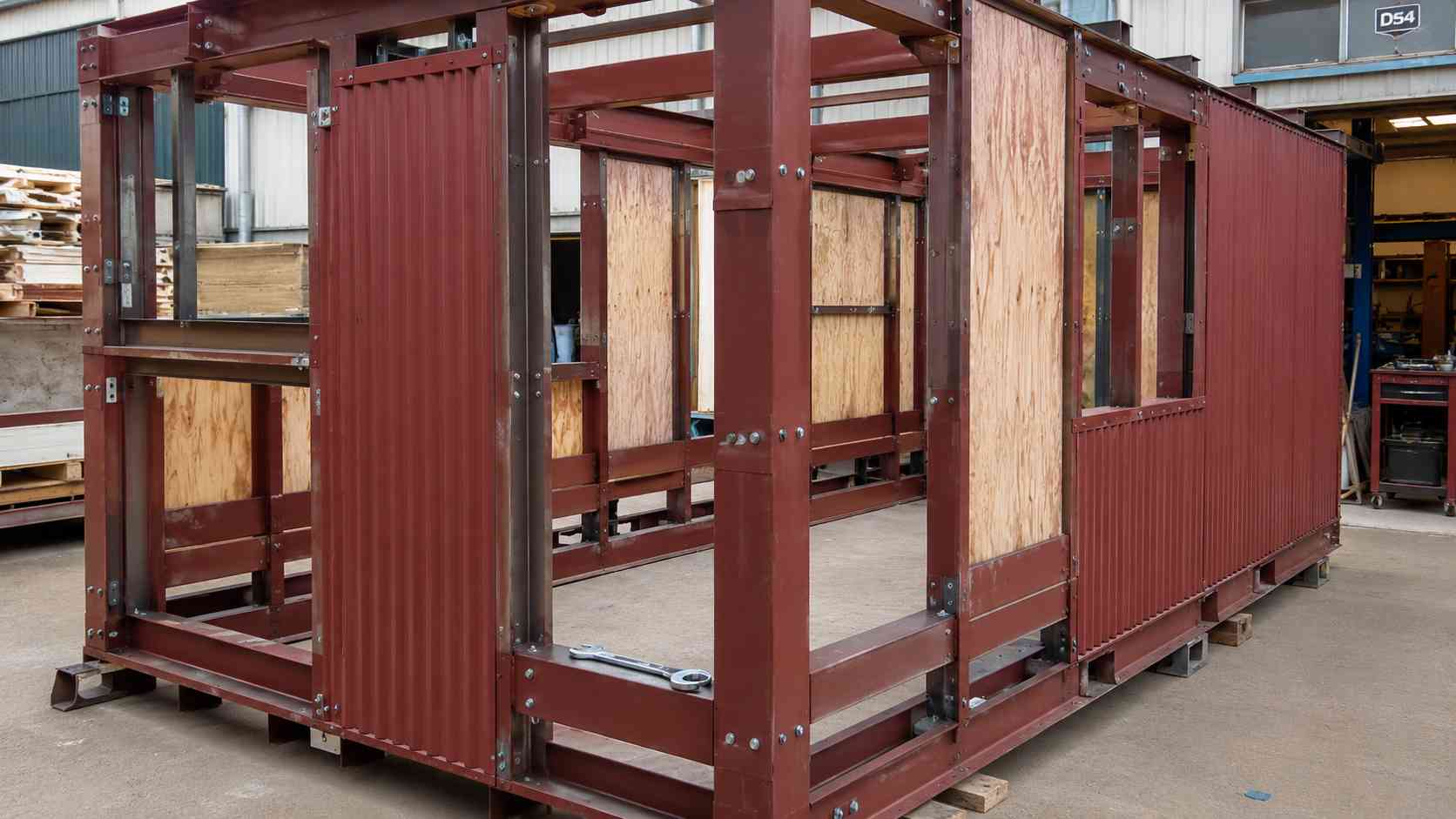 Bolted steel frame and wood infill panels of a burgundy portable shed during assembly