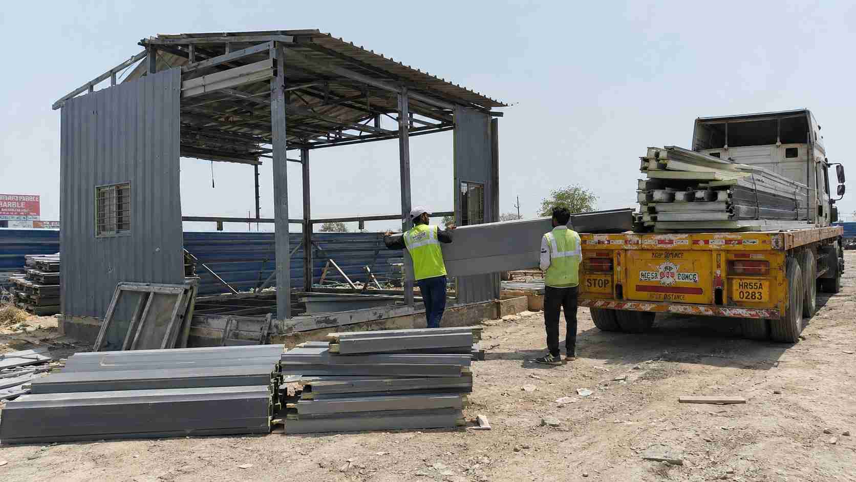 Steel-grey portable shed being dismantled and loaded onto a flatbed truck for relocation