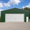 Green portable shed door detail showing a roller shutter beside a personnel access door
