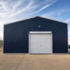 Navy-blue portable shed front elevation with a single white roller door and gable roof