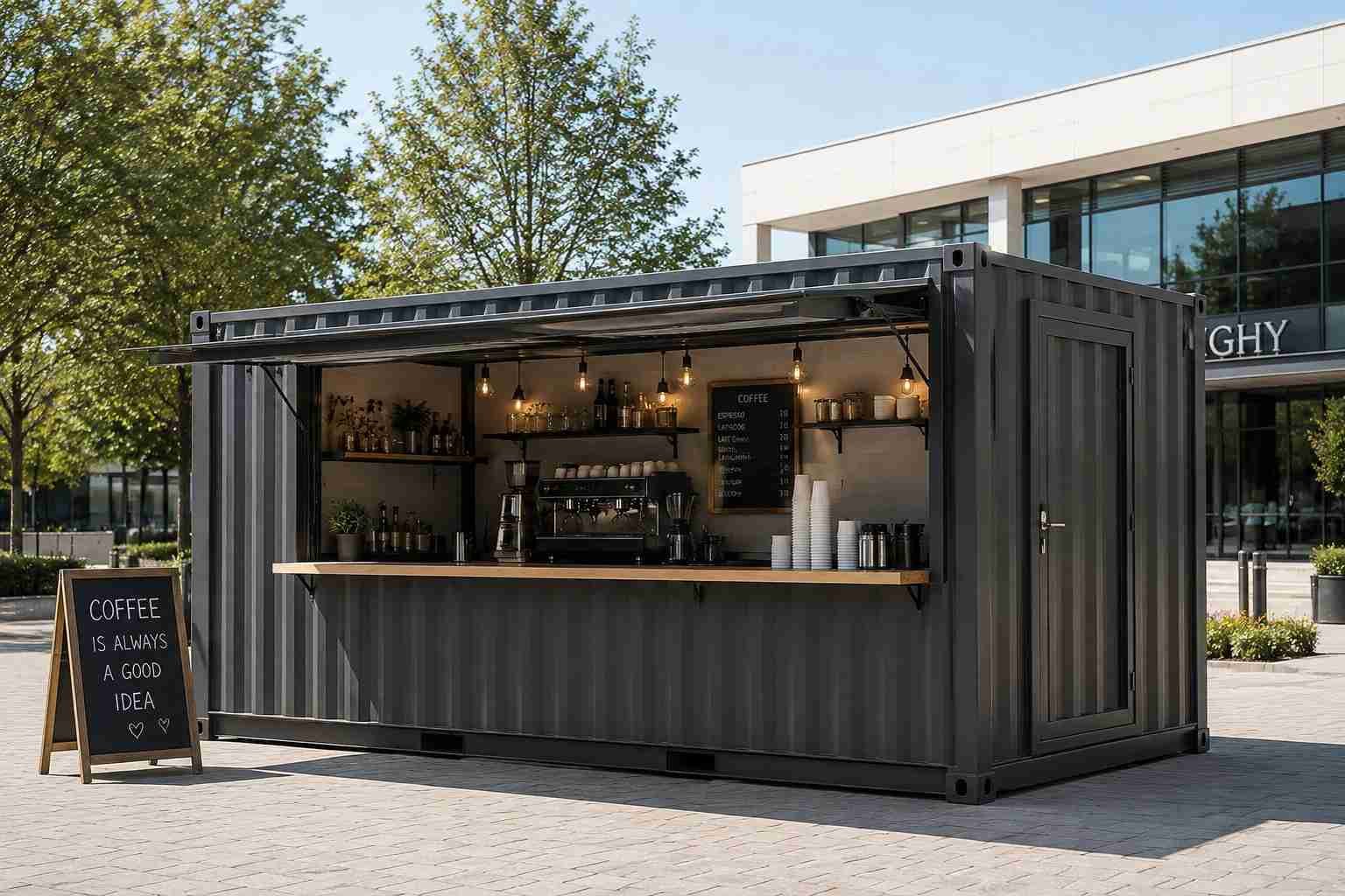 Portable shop cabin commercial plaza installation — charcoal grey finish, Edison lighting inside, wooden counter, open serving front, coffee kiosk