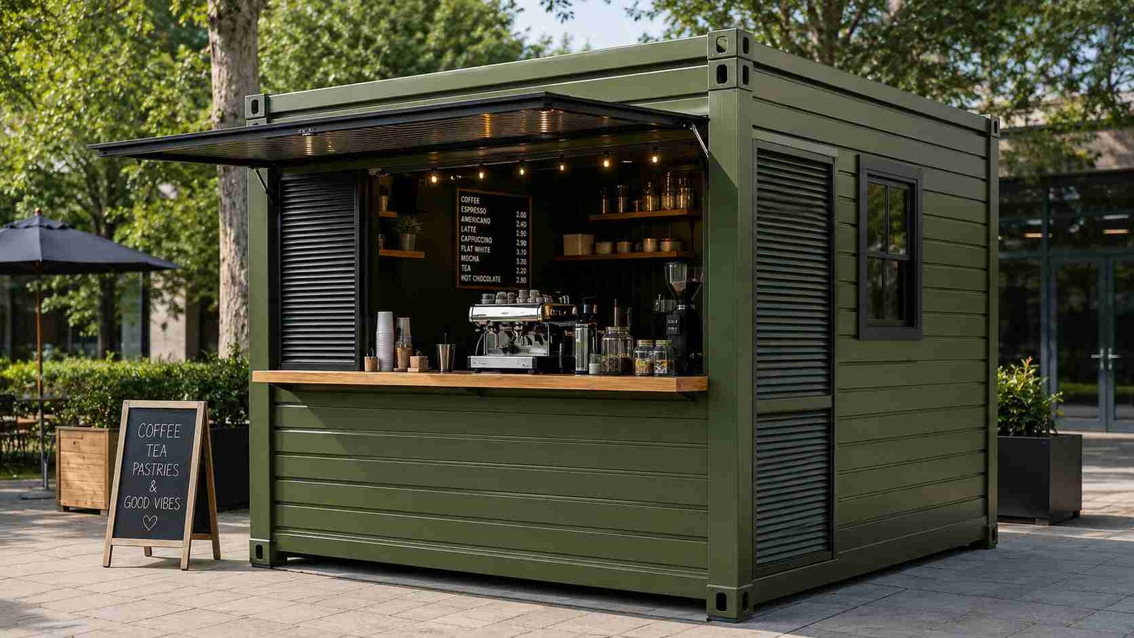 8x10 ft portable shop cabin kiosk in park — single-operator retail unit with rolling shutter and display counter, olive green