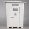 Front door and ventilation louvre of a white portable toilet cabin with stainless latch
