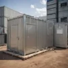 Galvanised steel portable toilet cabin with double doors on an industrial site