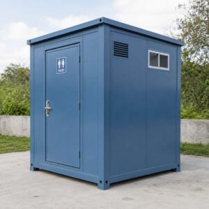 Steel blue portable toilet cabin with ventilation louvre and lockable door on a level concrete pad