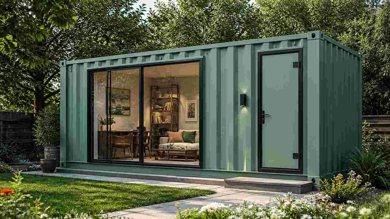 Small porta cabin office used as single workspace setup in a clean outdoor area