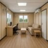 Wooden interior portacabin office with sofa and desk