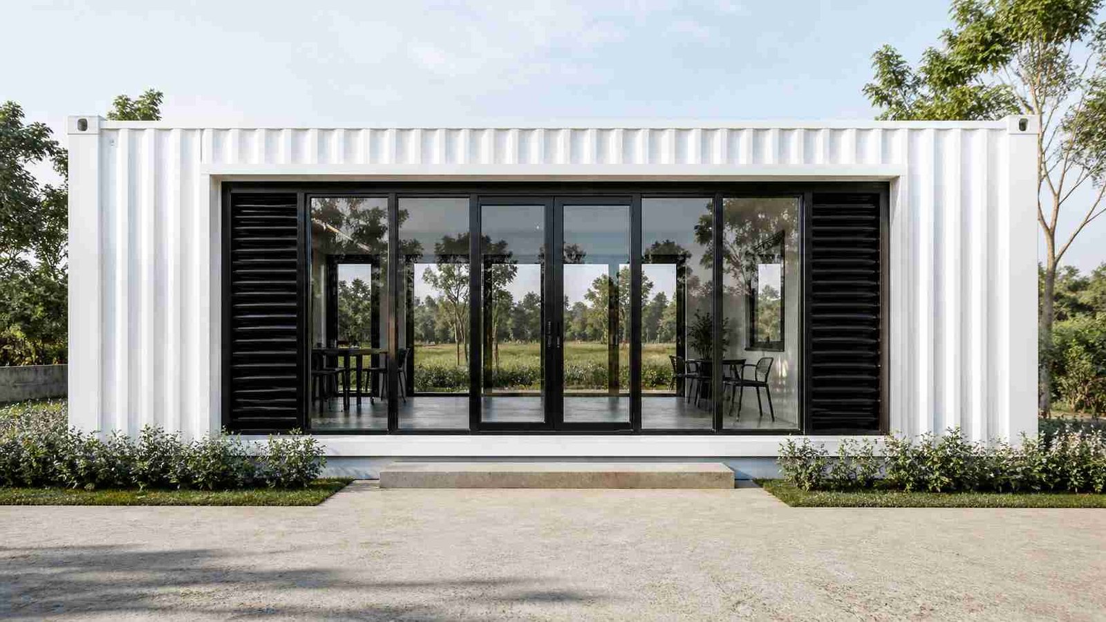Porta cabin office with glass front and reception area layout for client meetings