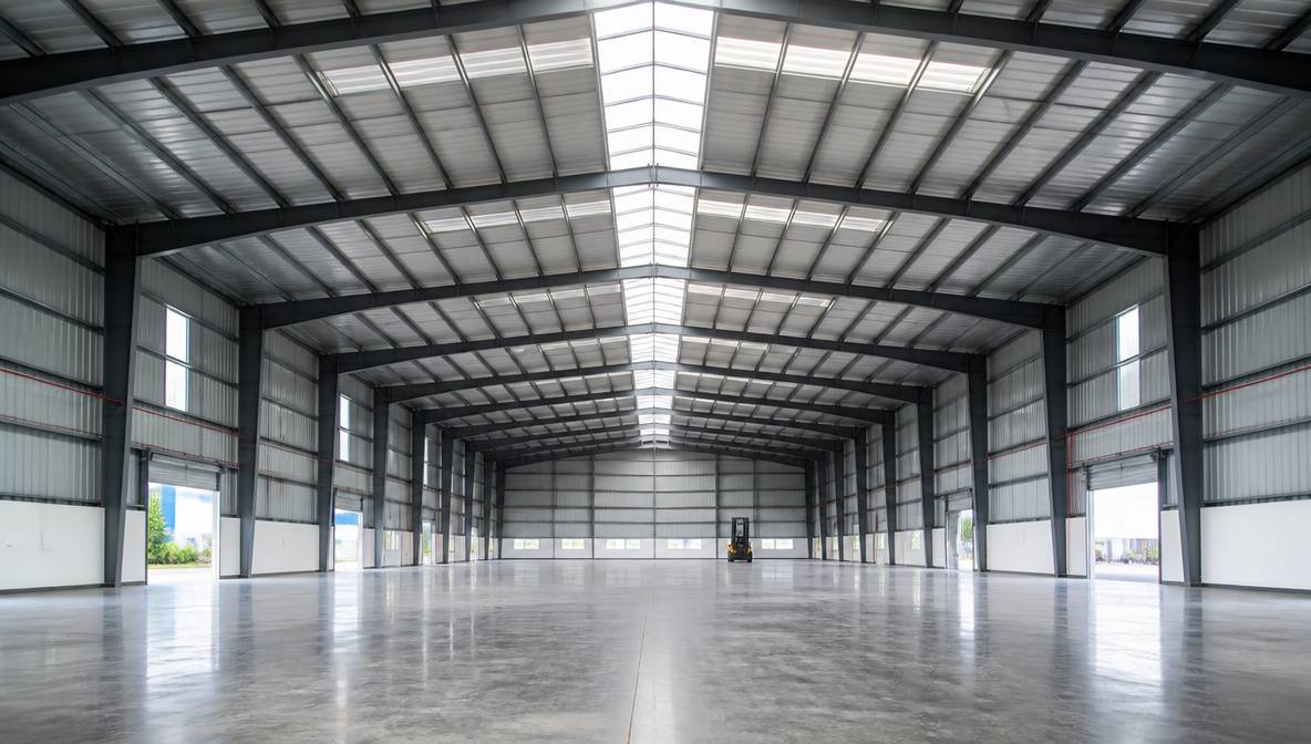 Steel grey clear-span interior of a pre-engineered building structure with exposed rafters and a column-free floor.