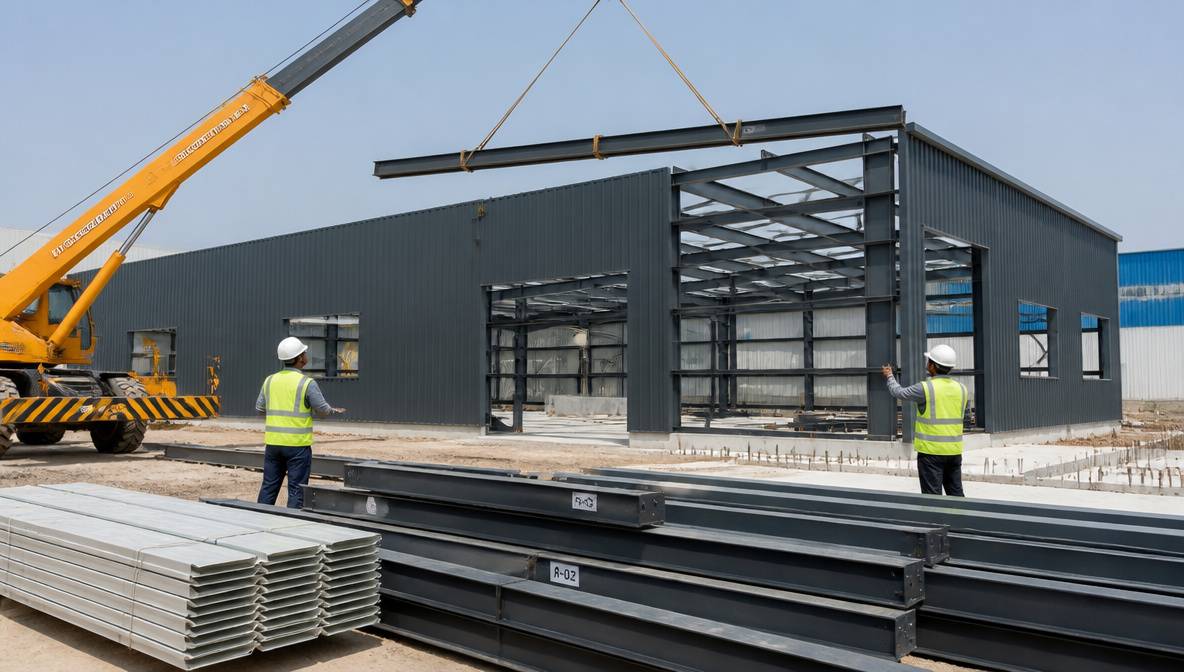 Slate charcoal pre-engineered building structure being erected on site with a crane and workers in safety gear.
